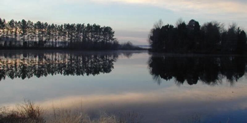 Calm wetland waters at dusk at Wheeler National Wildlife Refuge, Alabama