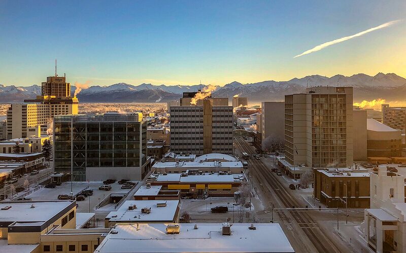 Anchorage Alaska skyline with Chugach Mountains