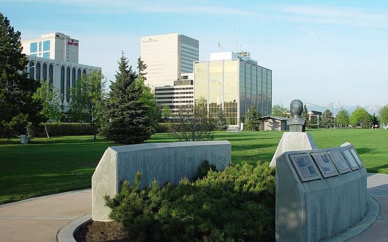 Anchorage, Alaska skyline with Chugach Mountains in the background