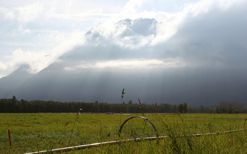 Palmer, Alaska with farmland and Pioneer Peak mountain in the background