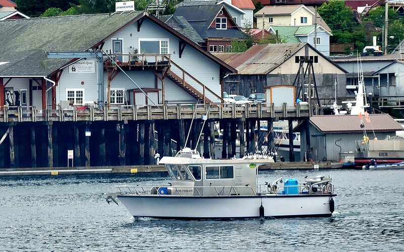 Sitka, Alaska harbor with fishing boats and waterfront buildings