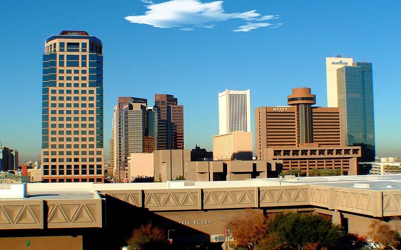Phoenix Arizona skyline at sunset with desert landscape