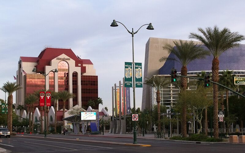 Mesa, Arizona downtown area with Superstition Mountains in the background