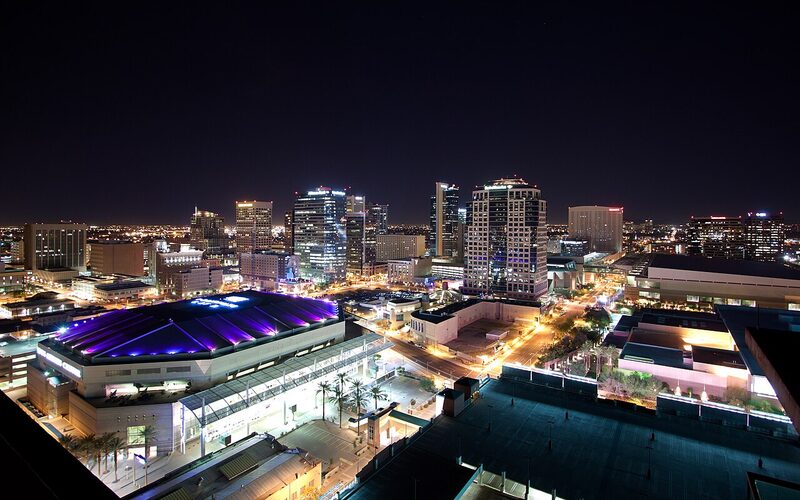Phoenix, Arizona downtown skyline at night with convention center