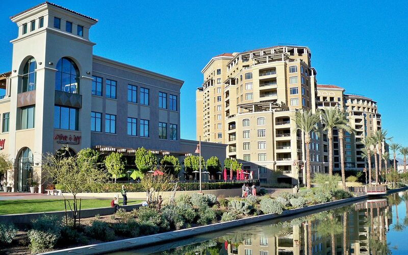 Scottsdale, Arizona Old Town waterfront with McDowell Mountains in the distance