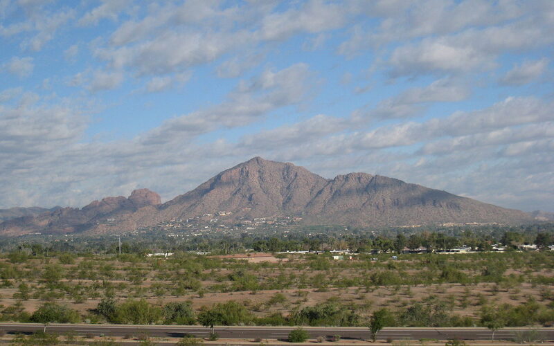 Camelback Mountain rising above Scottsdale's resort corridor in Arizona