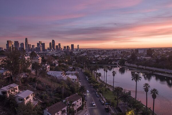 Los Angeles skyline with downtown skyscrapers and the Hollywood Hills in the background