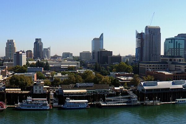 Sacramento skyline along the Sacramento River with Old Sacramento waterfront