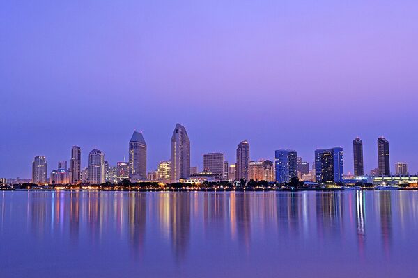 San Diego skyline across the harbor at twilight