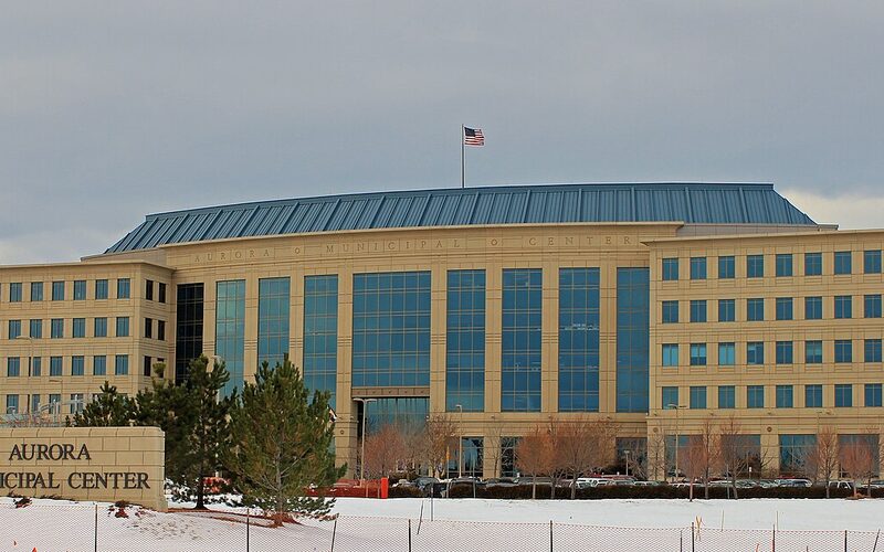 Aurora Municipal Center building in winter