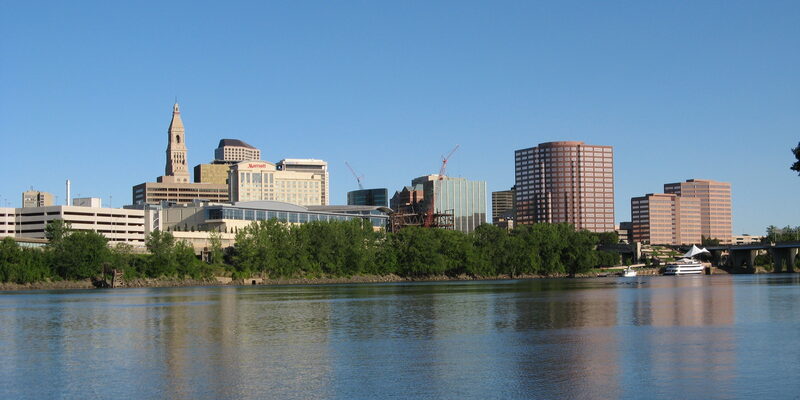 Hartford, Connecticut skyline along the Connecticut River