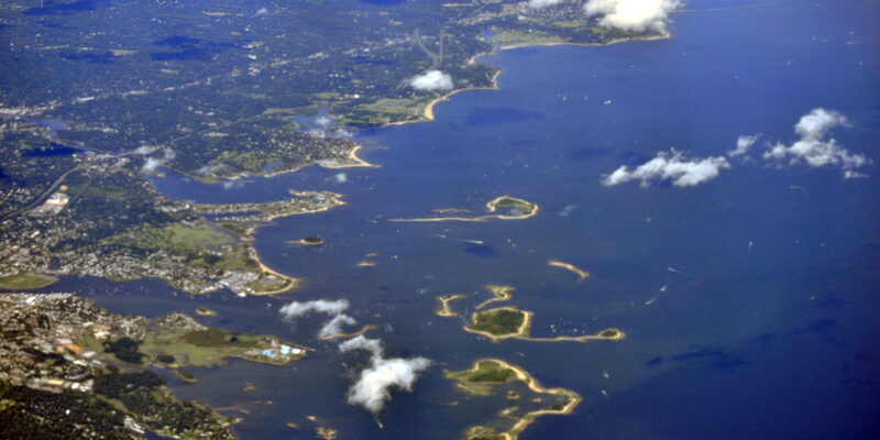 Aerial view of the Norwalk, Connecticut coastline and islands