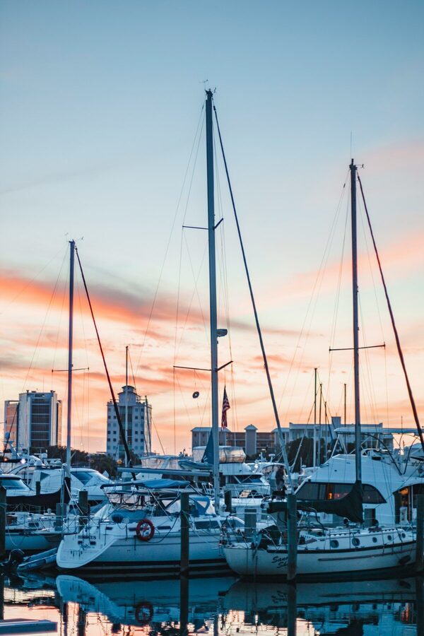Sarasota marina with sailboats at sunset