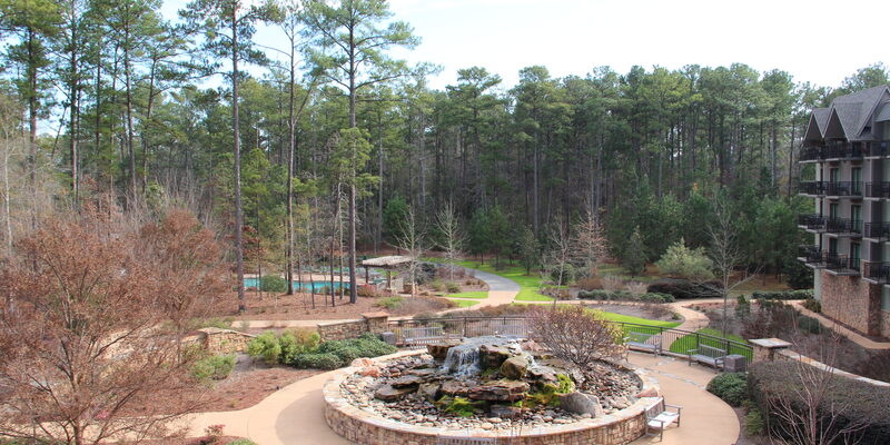 Callaway Gardens resort grounds with water feature and pine trees in Pine Mountain, Georgia