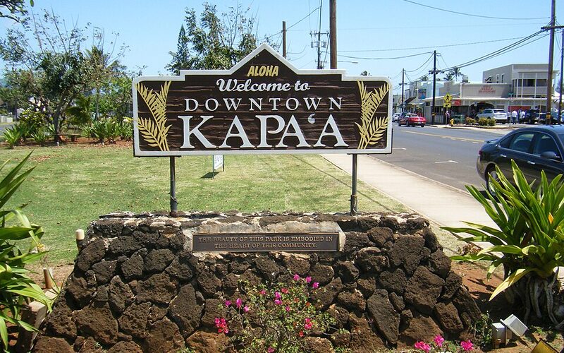 Kapaa town along the Coconut Coast of Kauai with palm trees and ocean views