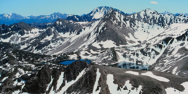 Aerial view of the jagged Sawtooth Mountains with alpine lakes in central Idaho