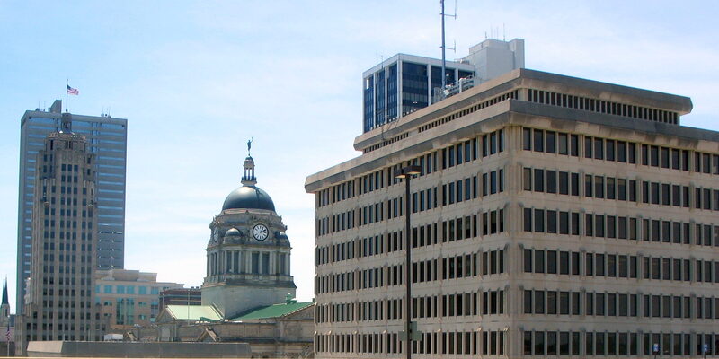 Fort Wayne, Indiana downtown buildings with Allen County Courthouse dome
