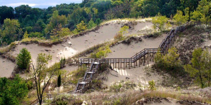 Sand dunes and Lake Michigan shoreline at Indiana Dunes National Park