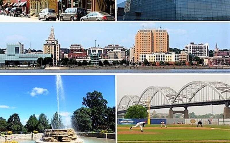 Davenport, Iowa riverfront and Centennial Bridge over the Mississippi River