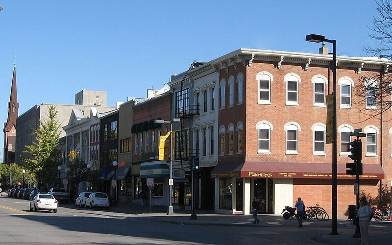 Downtown Iowa City commercial district near the Pedestrian Mall