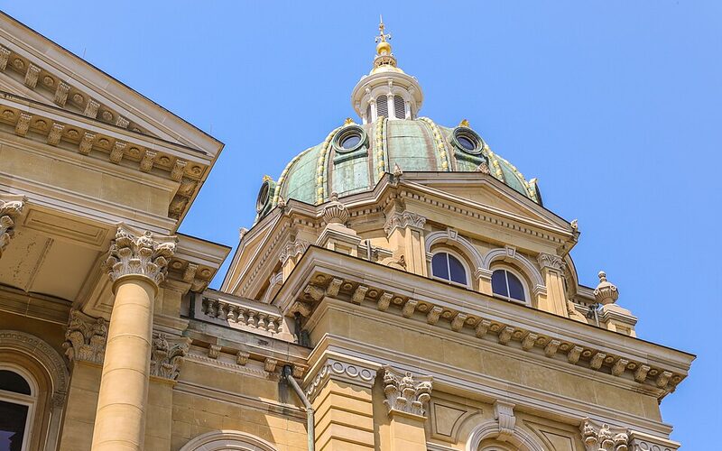 Iowa State Capitol dome in Des Moines viewed from below