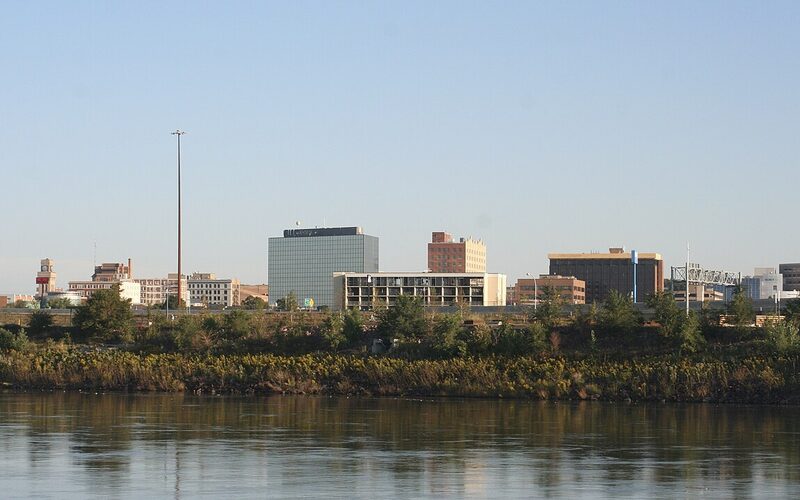 Sioux City, Iowa riverfront with the Missouri River and downtown skyline