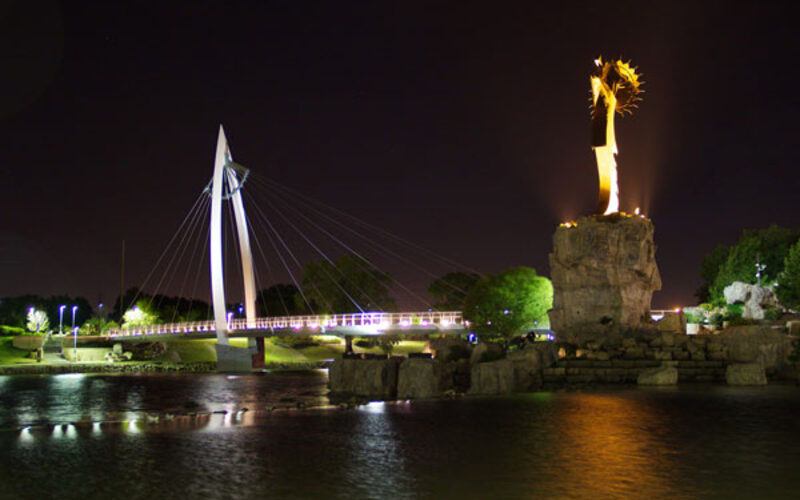 Keeper of the Plains statue at the confluence of the Arkansas and Little Arkansas Rivers in Wichita, Kansas