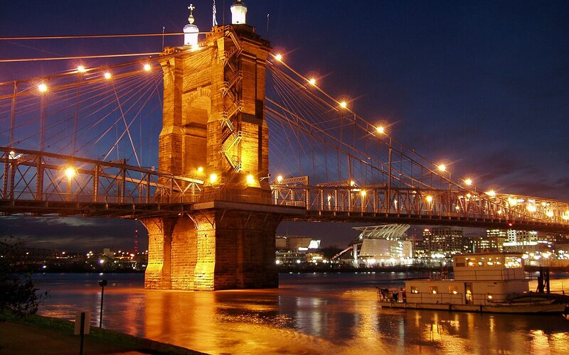 Covington, Kentucky riverfront with the Roebling Suspension Bridge and Cincinnati skyline
