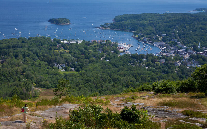 View of Camden harbor, town, and Penobscot Bay from Mount Battie in Maine