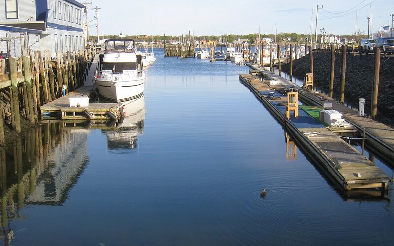 Portland, Maine marina with boats docked in the harbor
