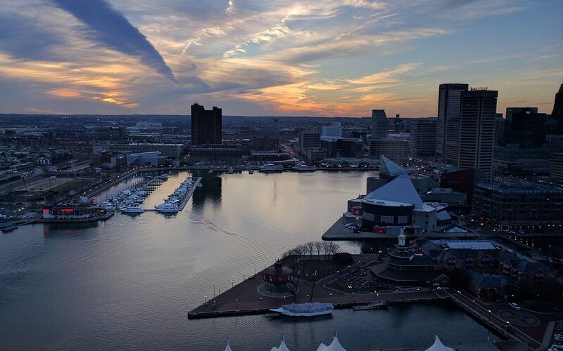 Baltimore Inner Harbor waterfront with skyline and National Aquarium