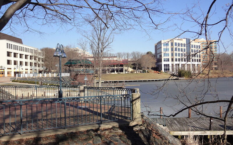 Columbia, Maryland lakefront with modern buildings and green space