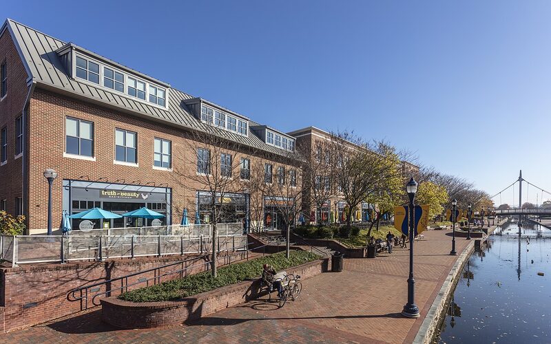 Carroll Creek Park commercial area with outdoor dining in Frederick, Maryland