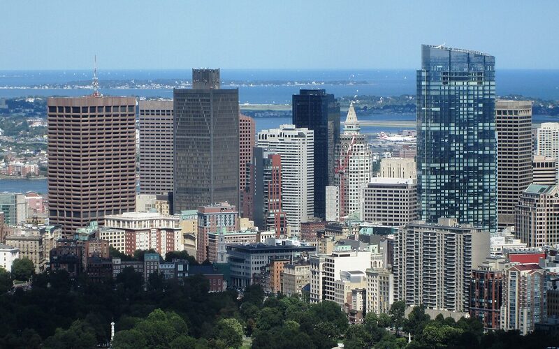 Aerial view of the Boston skyline looking toward the harbor