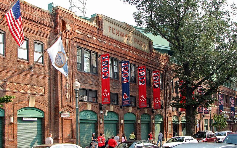 Fenway Park exterior facade with Red Sox championship banners in Boston