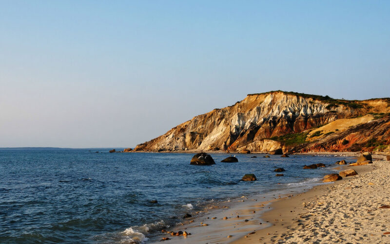 Gay Head Cliffs at Aquinnah on Martha's Vineyard with sandy beach and Atlantic Ocean in Massachusetts