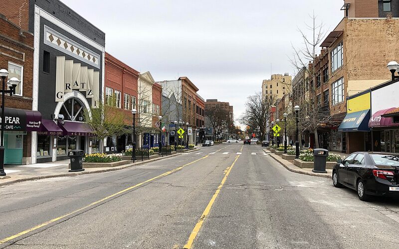 Ann Arbor Michigan downtown streetscape with University of Michigan campus architecture and tree-lined streets