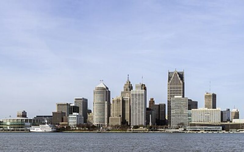 Detroit skyline along the Detroit River with the Renaissance Center and downtown skyscrapers