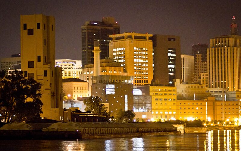 Saint Paul, Minnesota downtown skyline at night along the river