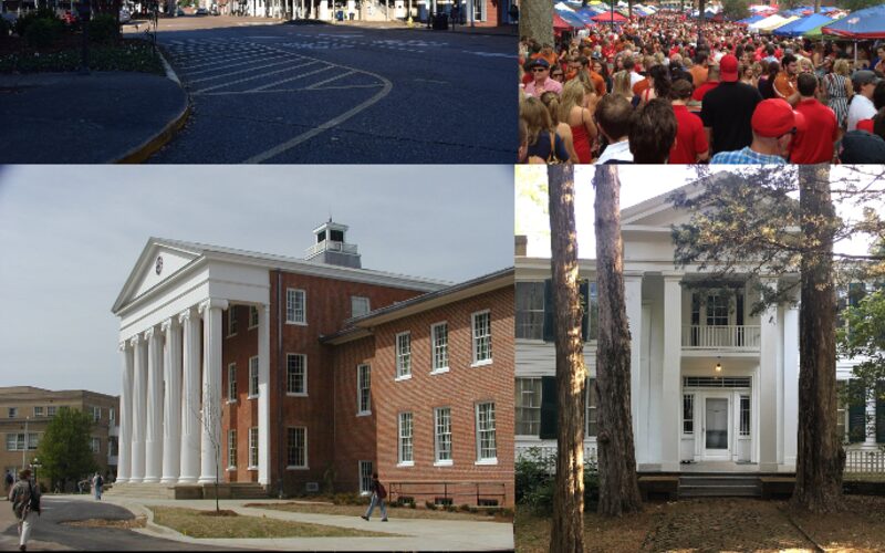 Oxford Mississippi town square with the Lafayette County Courthouse and surrounding shops
