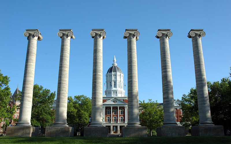 Columbia Missouri campus town view with University of Missouri Jesse Hall and red brick buildings