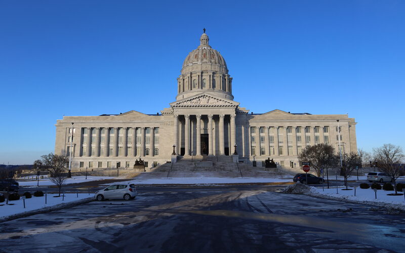 Missouri State Capitol building in Jefferson City, a grand limestone structure with columned portico and dome