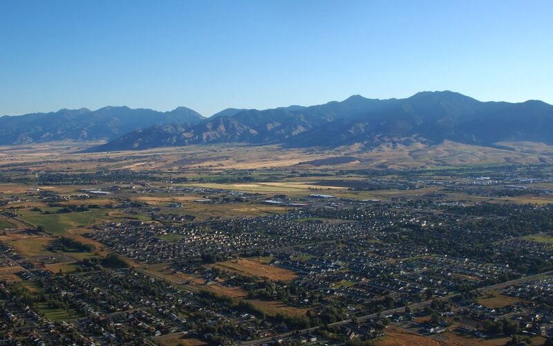 Aerial view of Bozeman, Montana with Bridger Range mountains