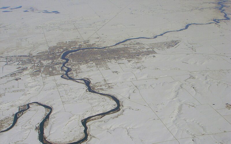 Aerial view of Great Falls, Montana along the Missouri River