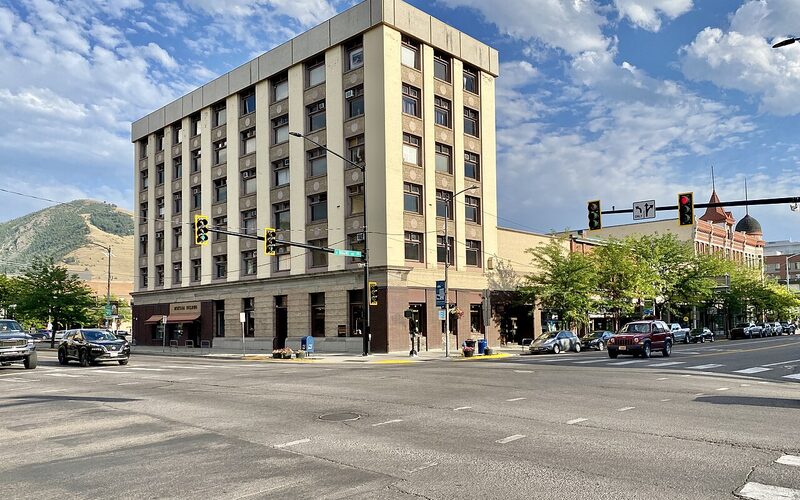 Downtown Missoula, Montana street with mountains in the background