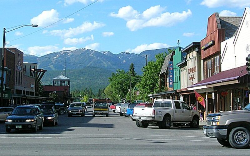 Whitefish, Montana downtown with Whitefish Mountain Resort in background