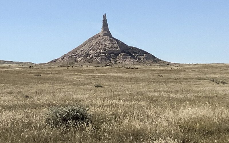Chimney Rock spire rising above the Nebraska prairie near Bayard along the Oregon Trail