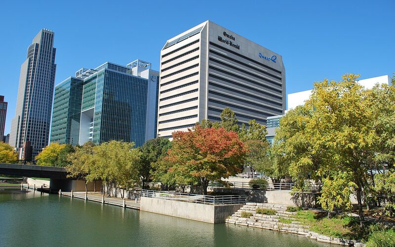 Downtown Omaha skyline with park waterway in the foreground