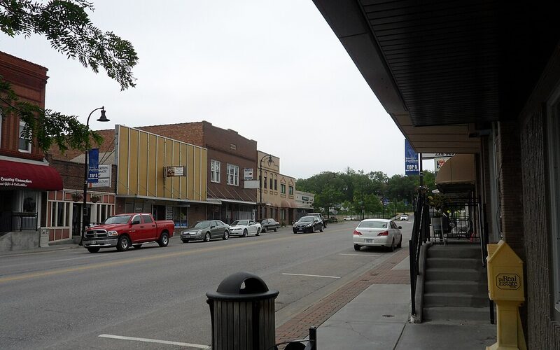 Papillion Nebraska downtown square with the Werner Park baseball stadium and new mixed-use development in the background