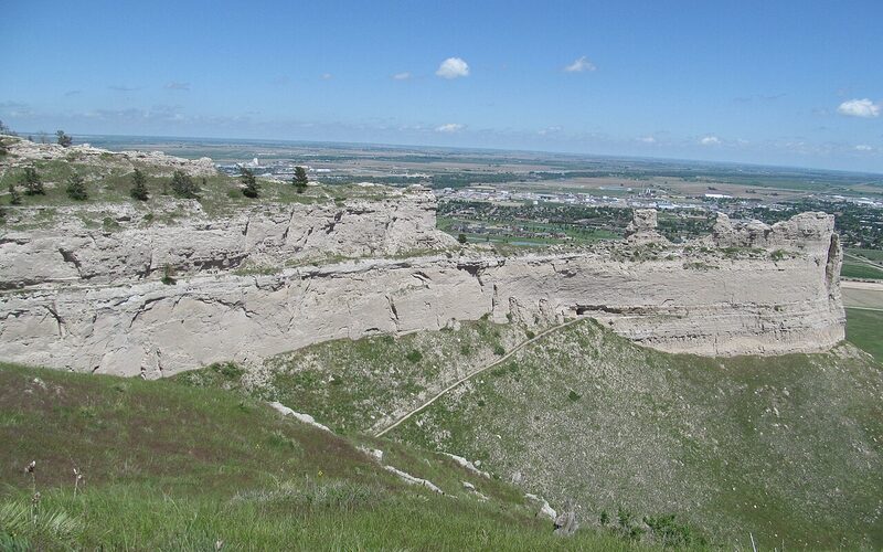 Scotts Bluff National Monument bluffs rising above the North Platte River valley in western Nebraska